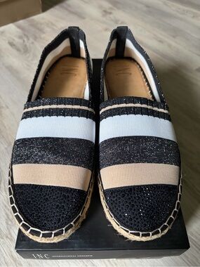 INC International Concepts Black, White & Beige Striped Espadrille Flats
